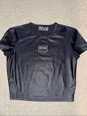 Versace Jeans Collection Black Satin-Look Crew Tee with Logo Patch
Cropped